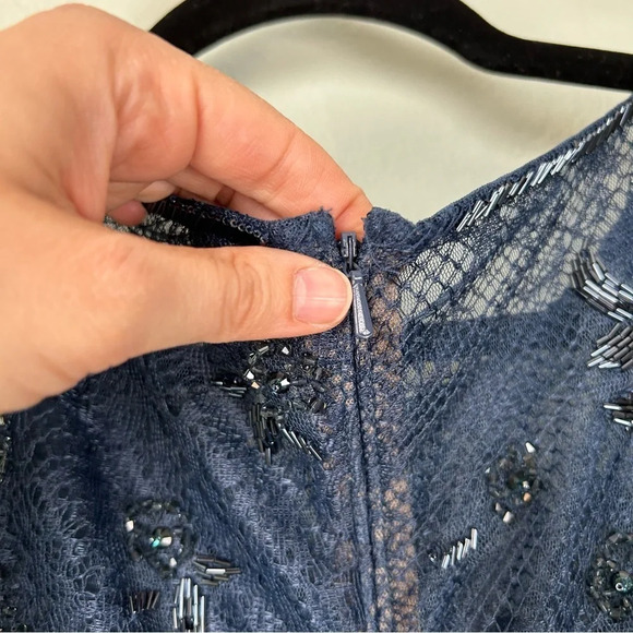 Tadashi Shoji Navy Blue Sleeveless Gown with Sequins Lace and Slit Size 12 - Picture 5 of 14